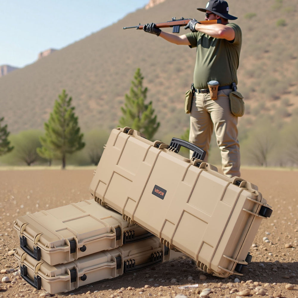 VEVOR Hard Rifle Case, Lockable Rifle Case with Pre-cut Foams, 109 cm Movable Gun Storage with Wheels, IP67 Waterproof & Dustproof Pistol Storage for Rifle, Shotgun, Airsoft Gun, Khaki
