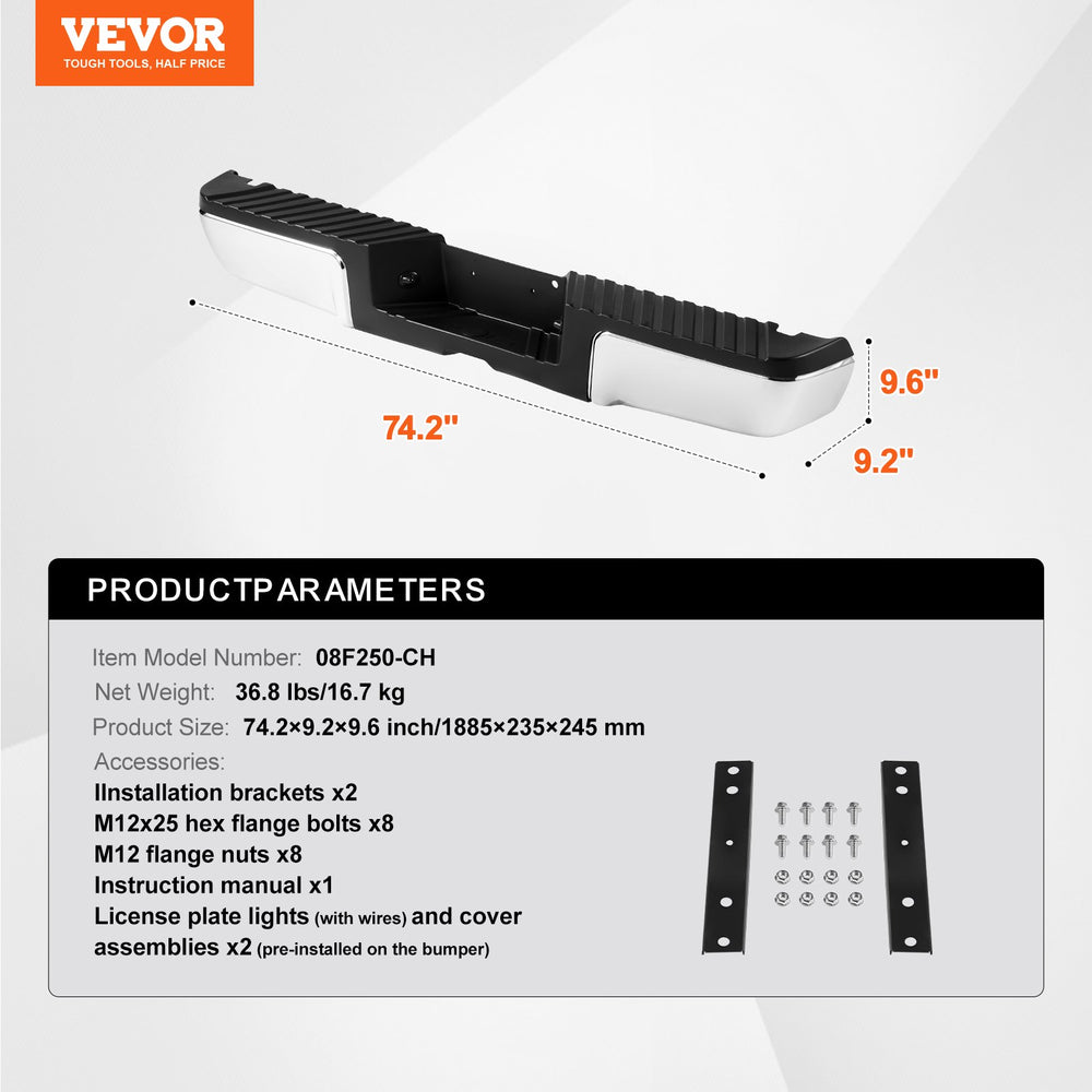 VEVOR Rear Step Bumper, Compatible with 2008-2016-Ford F250/Ford F350 Super Duty, Chrome Steel Back Bumper, Assembly Replacement Rear Bumper with License Plate Light and Step Pad, for FO1103148