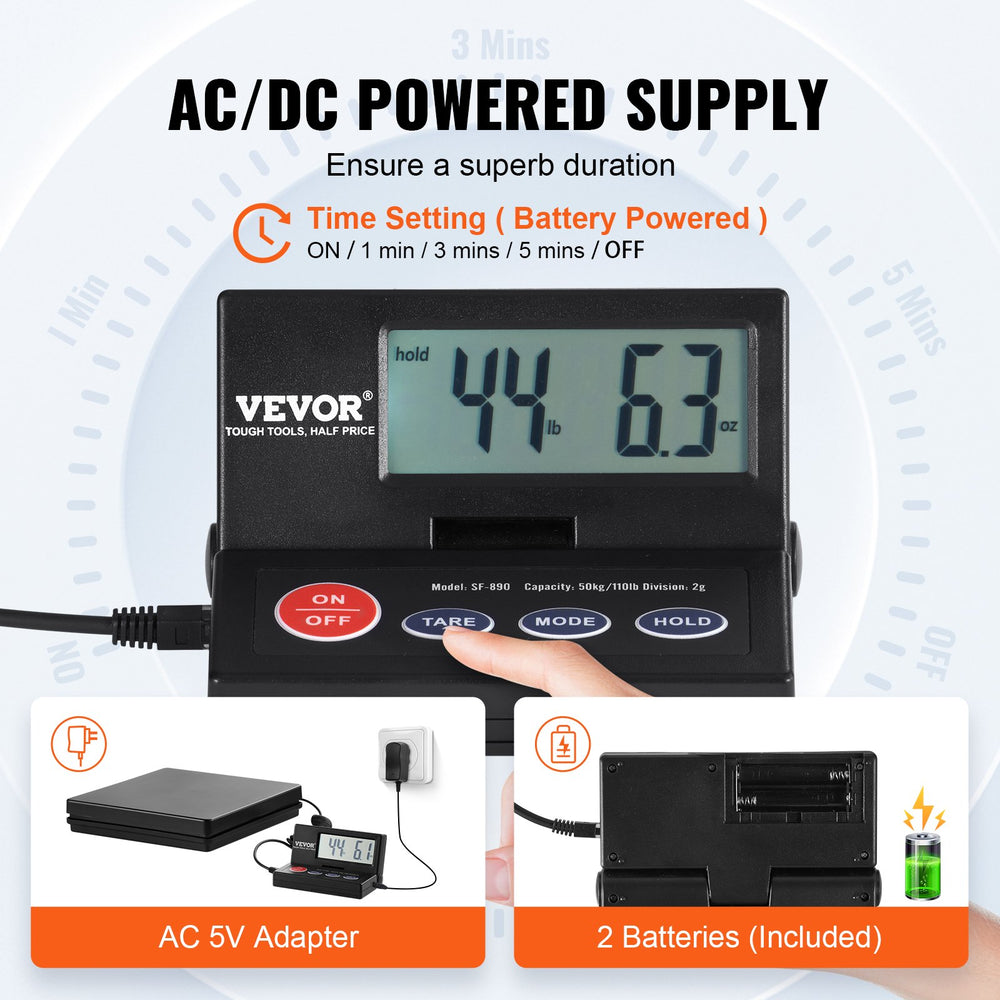 VEVOR Shipping Scale Digital Postal Scale 49.9 kg x 2 g, AC/DC Package LCD