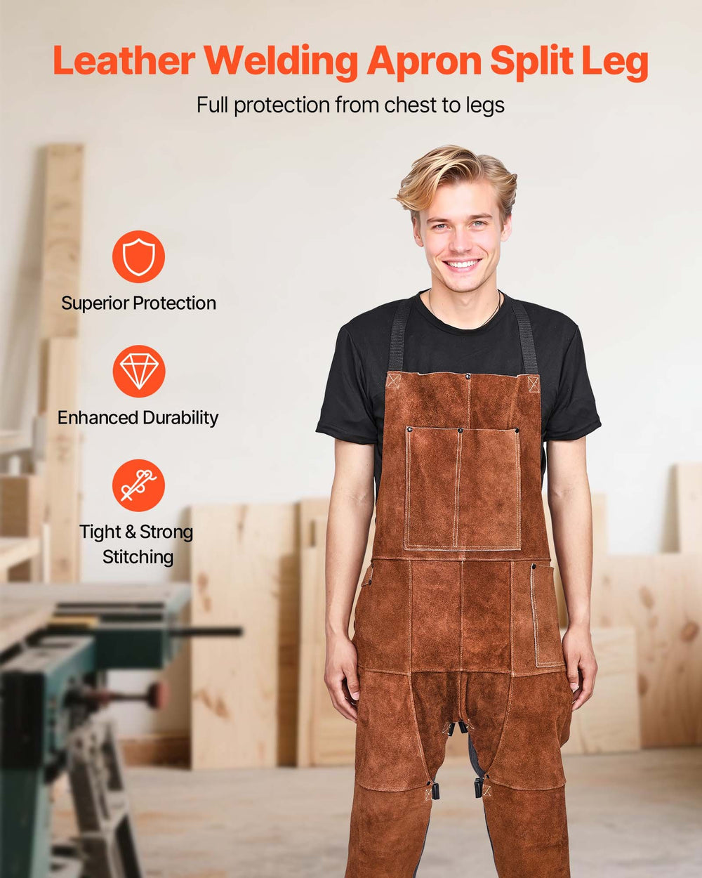 VEVOR Leather Welding Apron Split Leg, Heavy Duty Cowhide Flame Resistant Welding Pants for Men Women, Heat-Resistant Safety Apron with 3 Pockets for Woodworking, Gardening, Blacksmithing, M-Size