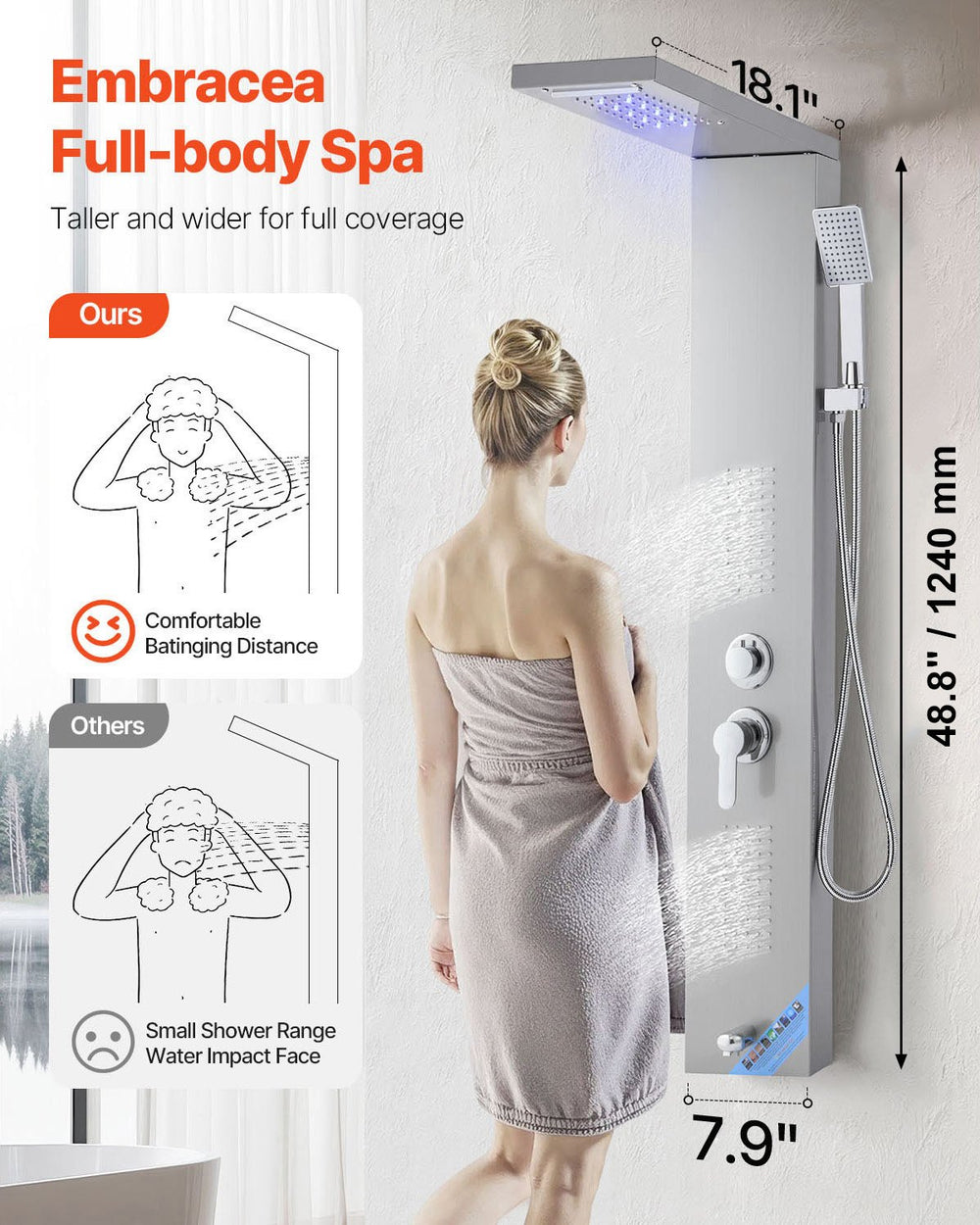 VEVOR Shower Panel Tower System with Rainfall Waterfall Shower Head, LED, 53 in Brushed Stainless Steel Shower Column, 5-Function Faucet, Wall-Mount Rain Massage System, with Handheld, Tub Spout