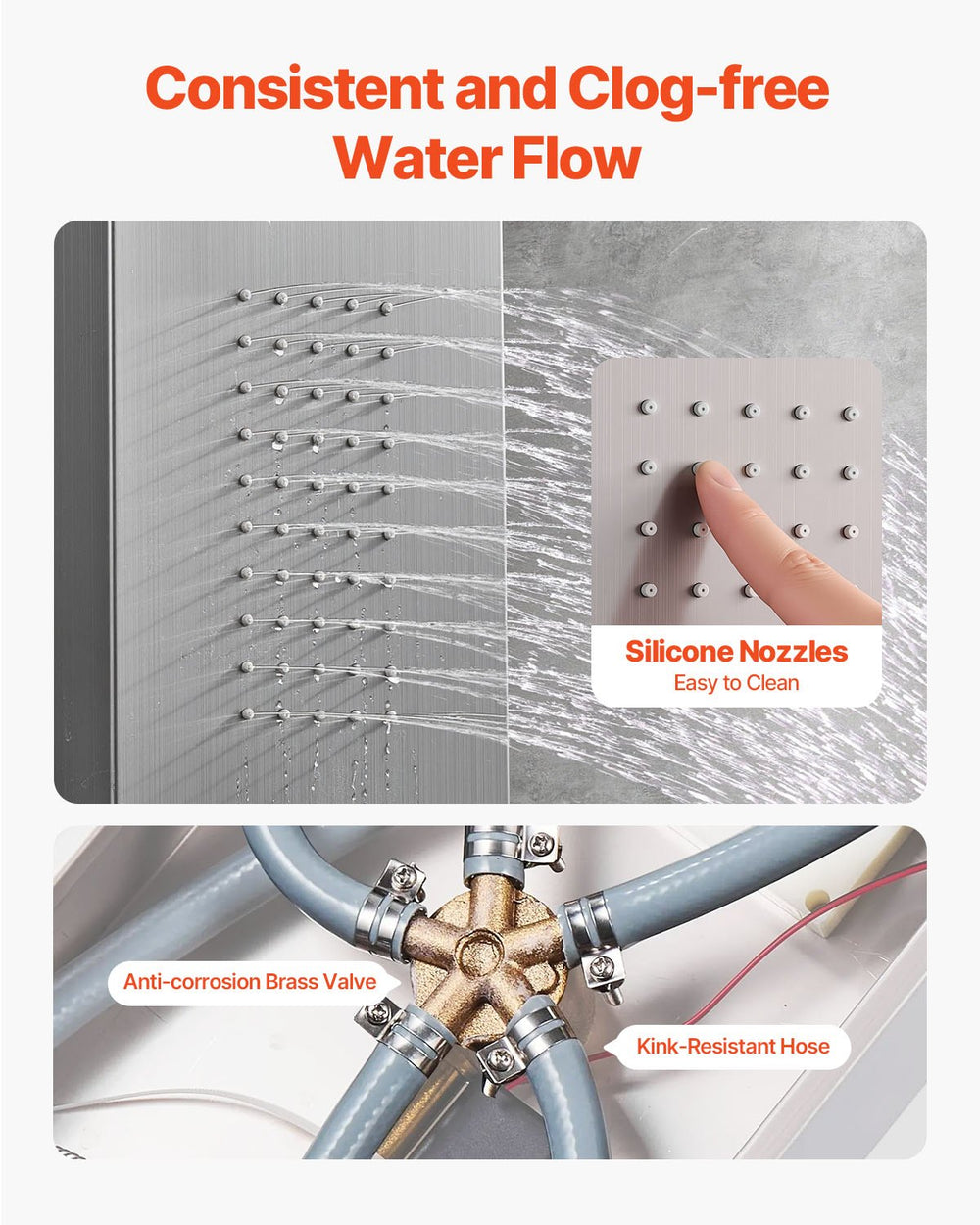 VEVOR Shower Panel Tower System with Rainfall Waterfall Shower Head, LED, 53 in Brushed Stainless Steel Shower Column, 5-Function Faucet, Wall-Mount Rain Massage System, with Handheld, Tub Spout