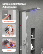 VEVOR Shower Panel Tower System with Rainfall Waterfall Shower Head, LED, 53 in Brushed Stainless Steel Shower Column, 5-Function Faucet, Wall-Mount Rain Massage System, with Handheld, Tub Spout
