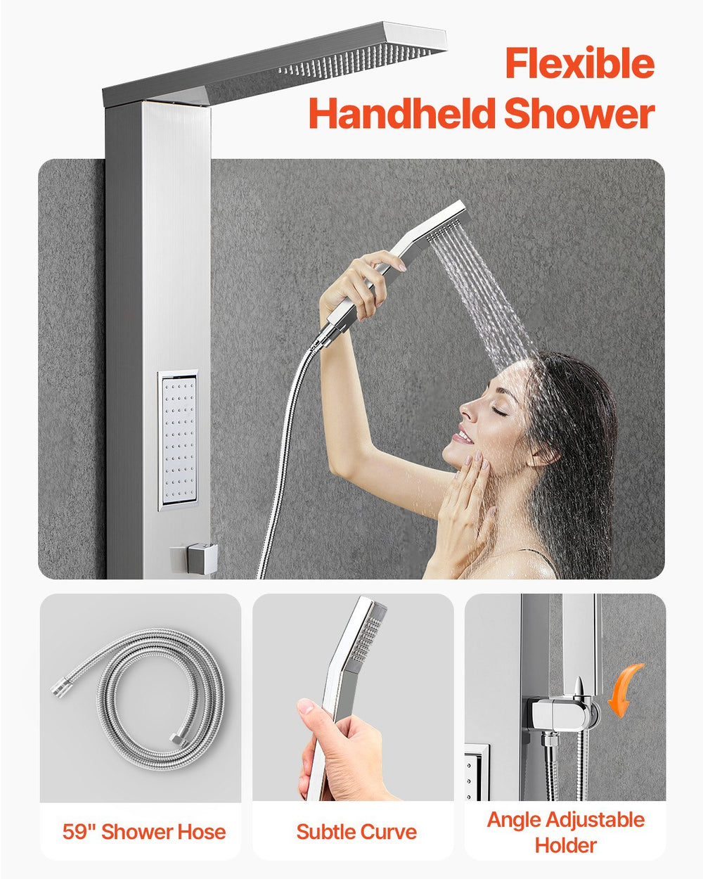 VEVOR Shower Panel Tower System with Rainfall Shower Head, 53 in Brushed Stainless Steel Shower Column, 3-Function Faucet, High Pressure Wall-Mount Rain Massage System, with Large Body Jet, Handheld