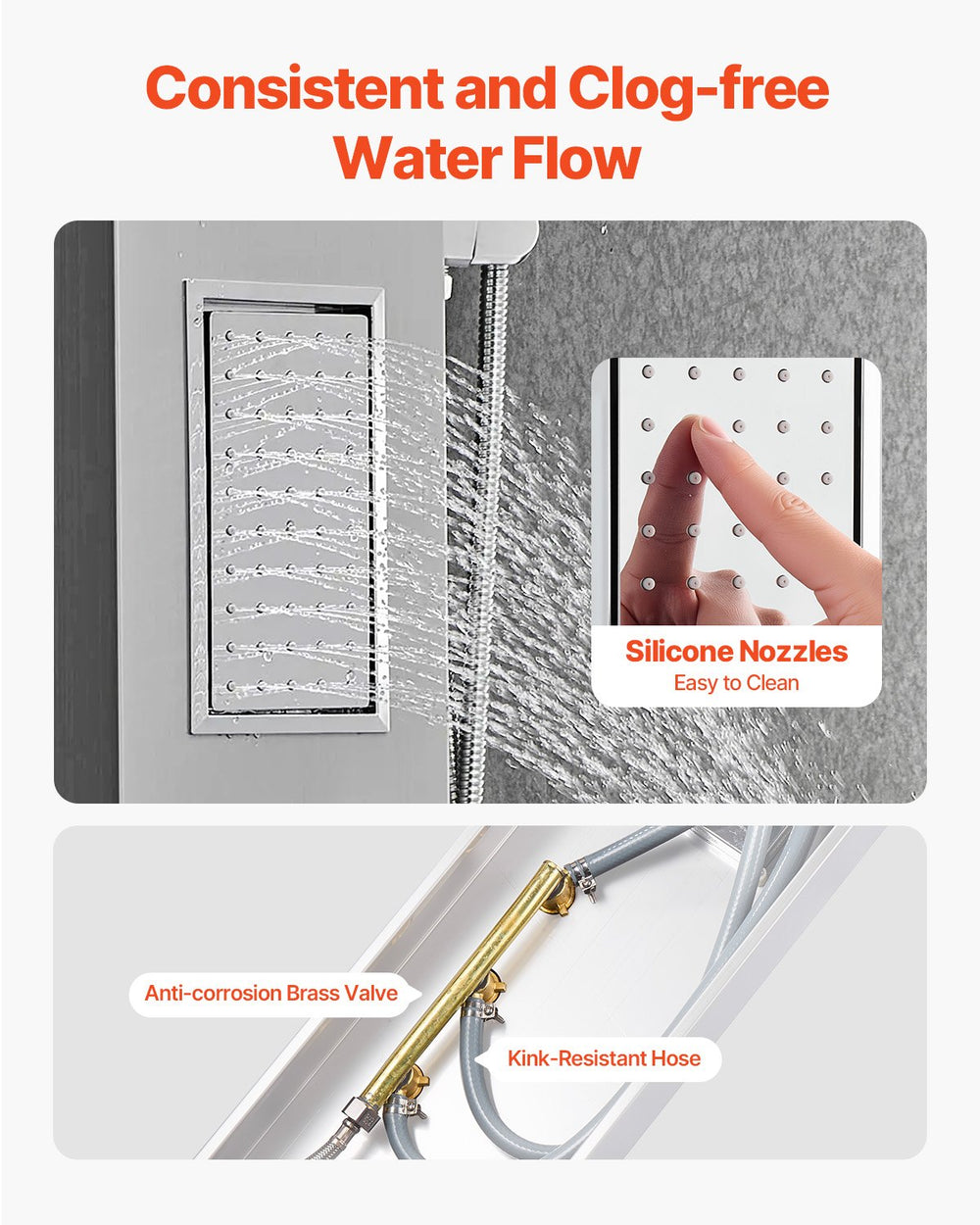 VEVOR Shower Panel Tower System with Rainfall Shower Head, 53 in Brushed Stainless Steel Shower Column, 3-Function Faucet, High Pressure Wall-Mount Rain Massage System, with Large Body Jet, Handheld