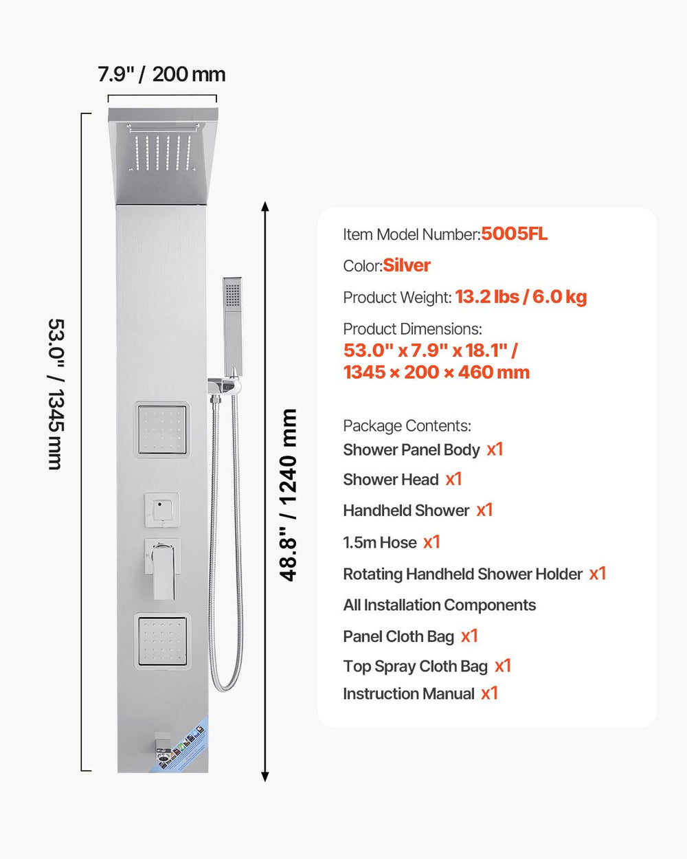 VEVOR Shower Panel Tower System with Rainfall Waterfall Shower Head, 53 in Brushed Stainless Steel Shower Column, 5-Function Faucet, Wall-Mount Rain Massage System with 2 Body Jet, Handheld, Tub Spout