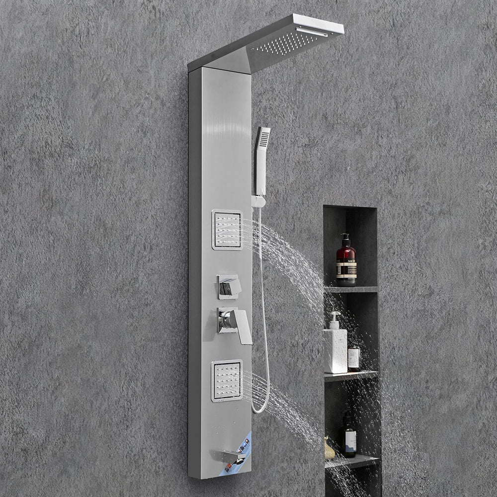 VEVOR Shower Panel Tower System with Rainfall Waterfall Shower Head, 53 in Brushed Stainless Steel Shower Column, 5-Function Faucet, Wall-Mount Rain Massage System with 2 Body Jet, Handheld, Tub Spout