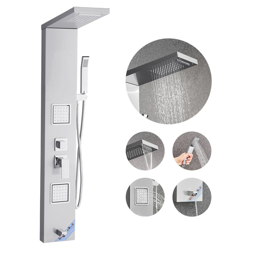 VEVOR Shower Panel Tower System with Rainfall Waterfall Shower Head, 53 in Brushed Stainless Steel Shower Column, 5-Function Faucet, Wall-Mount Rain Massage System with 2 Body Jet, Handheld, Tub Spout