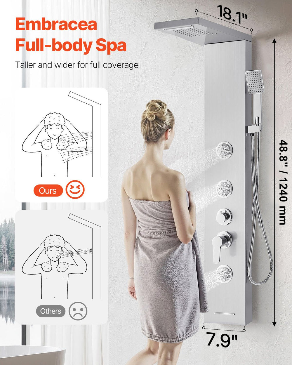VEVOR Shower Panel Tower System with Rainfall Waterfall Shower Head, 53 in Brushed Stainless Steel Shower Column, 5-Function Faucet, Wall-Mount Rain Massage System with 3 Body Jet, Handheld, Tub Spout