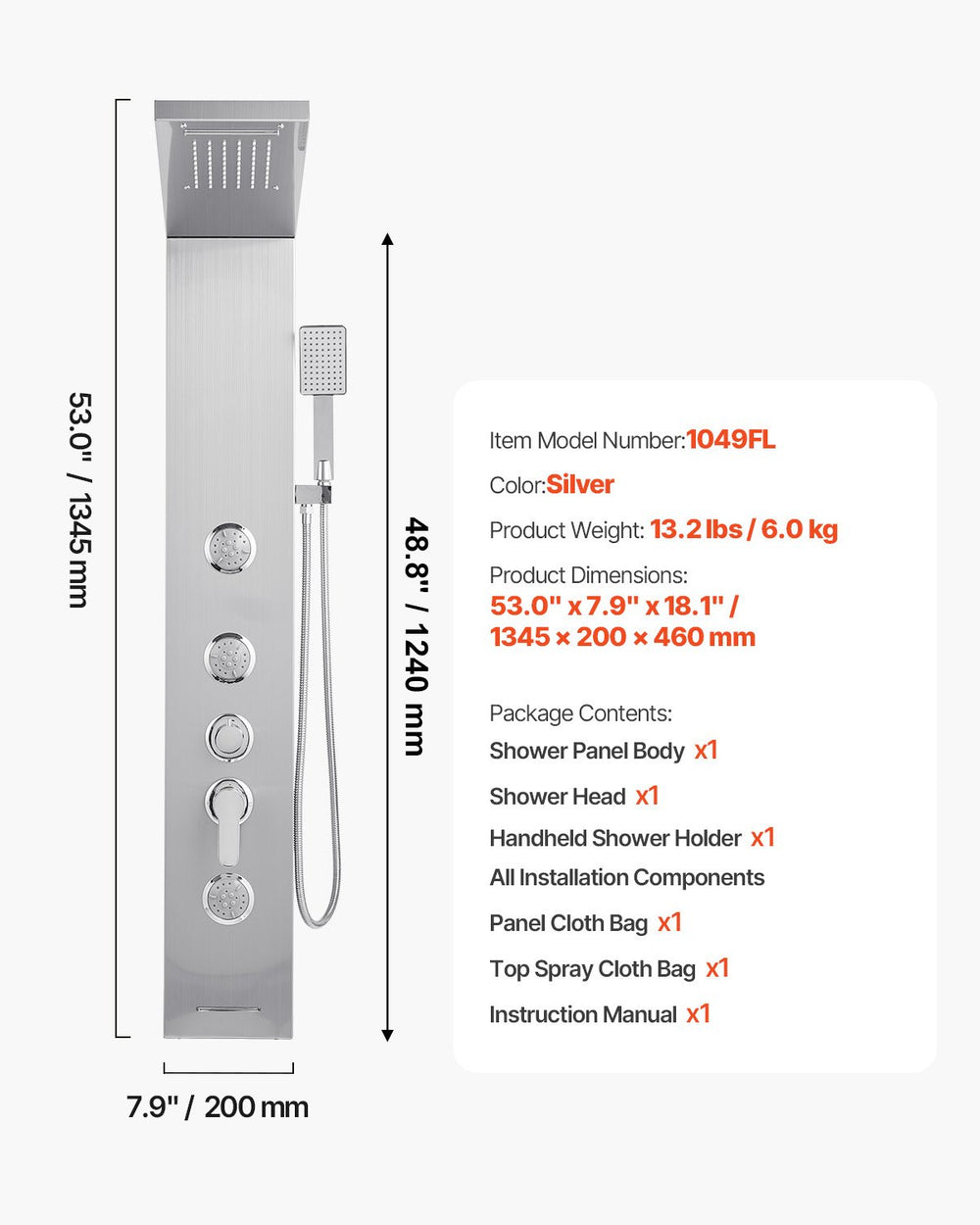 VEVOR Shower Panel Tower System with Rainfall Waterfall Shower Head, 53 in Brushed Stainless Steel Shower Column, 5-Function Faucet, Wall-Mount Rain Massage System with 3 Body Jet, Handheld, Tub Spout