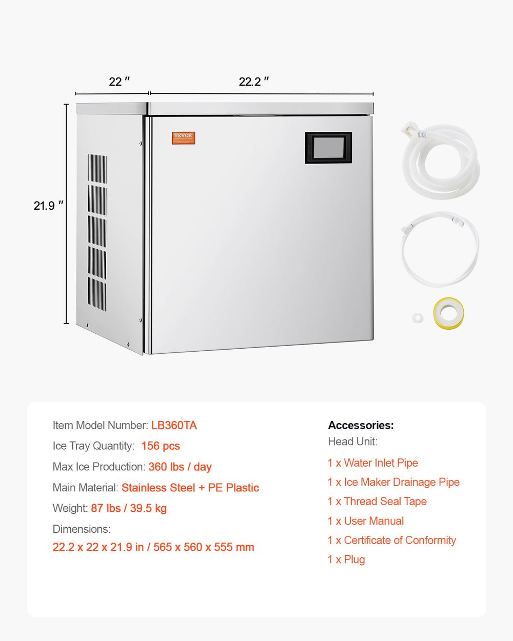 VEVOR Commercial Ice Maker 360 lbs/Day Self-Cleaning Ice Machine - Head Only