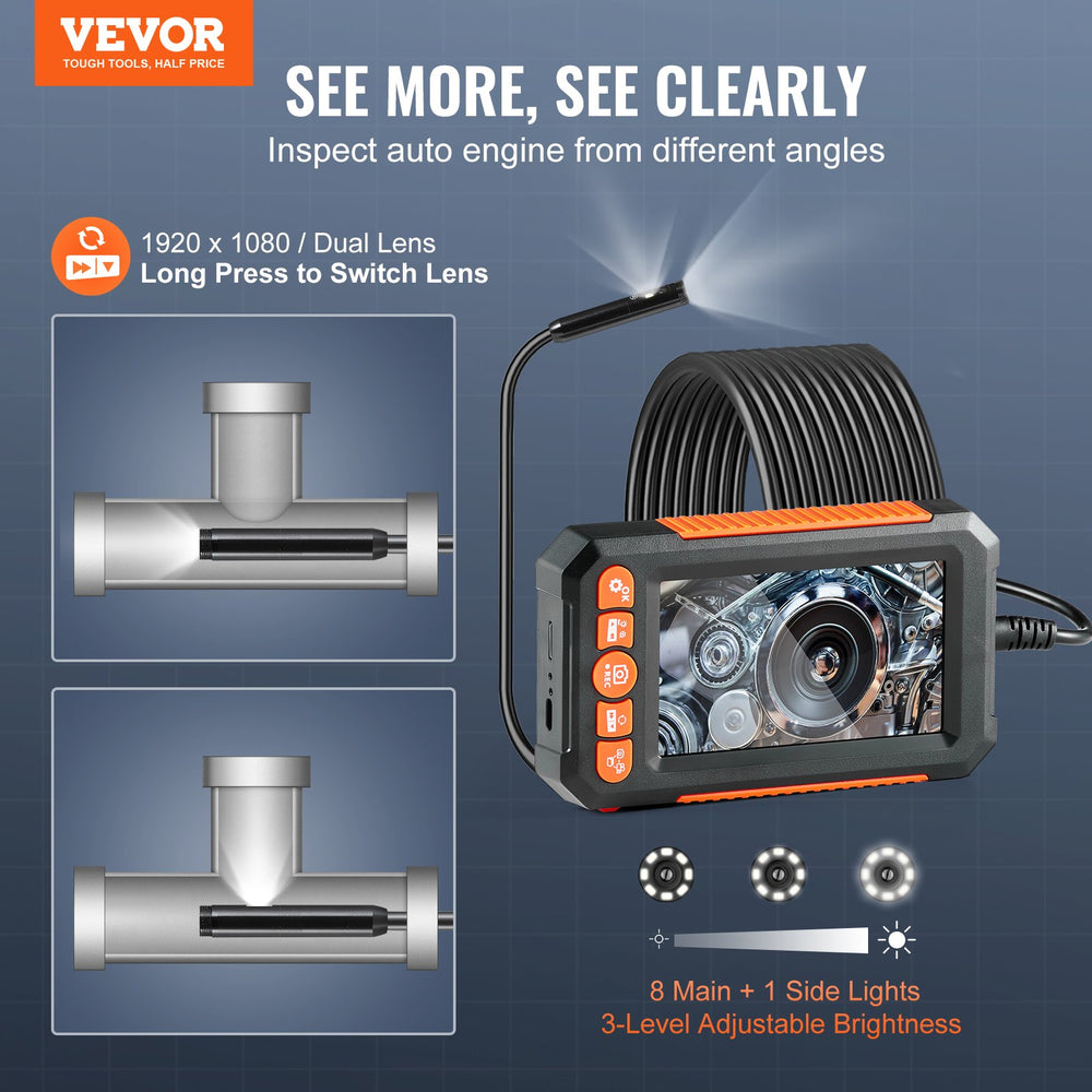VEVOR Endoscope Camera with Lights Dual Lens Borescope 499.9 cm Cable 10.9 cm Screen