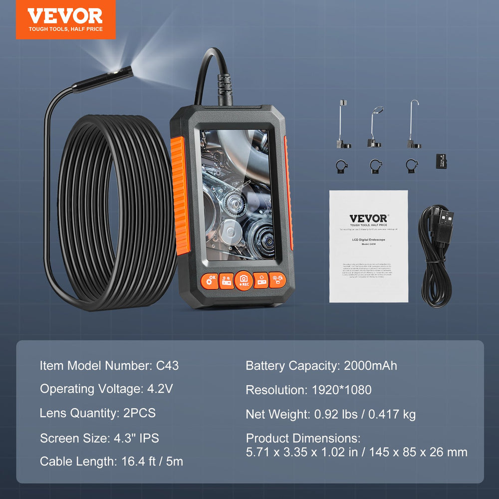 VEVOR Endoscope Camera with Lights Dual Lens Borescope 499.9 cm Cable 10.9 cm Screen