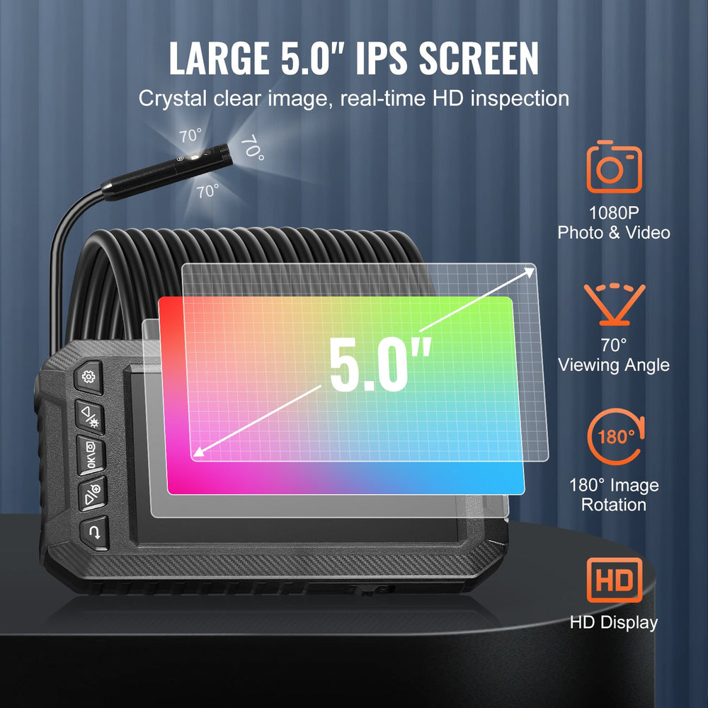 VEVOR Endoscope Camera with Lights Triple Lens Borescope 499.9 cm Cable 12.7 cm Screen