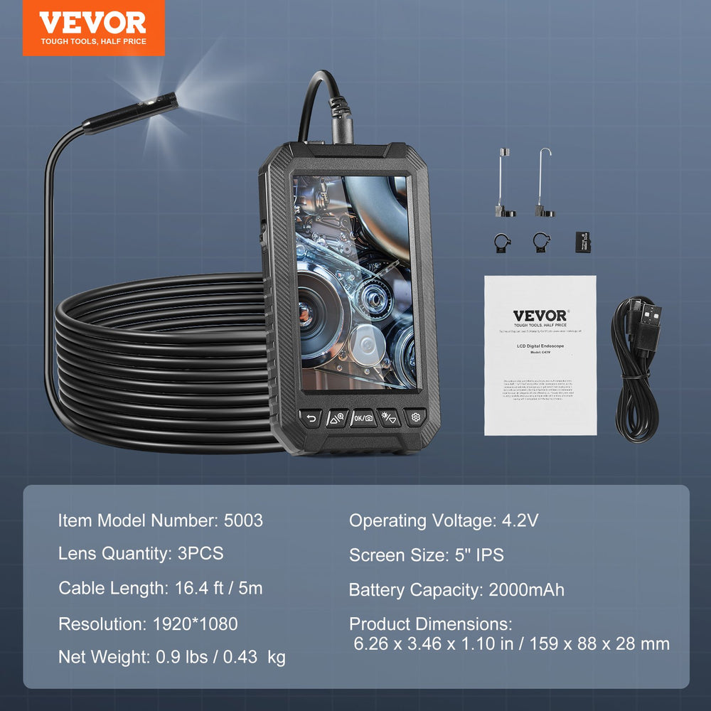 VEVOR Endoscope Camera with Lights Triple Lens Borescope 499.9 cm Cable 12.7 cm Screen