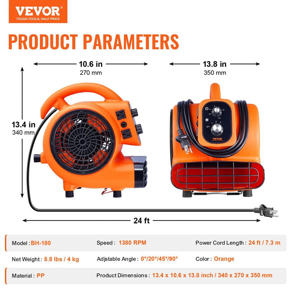 VEVOR Floor Blower, 1380 RPM 1000 CFM, Air Mover for Drying and Cooling, Portable Carpet Dryer Fan with 4 Blowing Angles, Timer, 3-Speeds Adjustment, for Janitorial, Home, Commercial Use