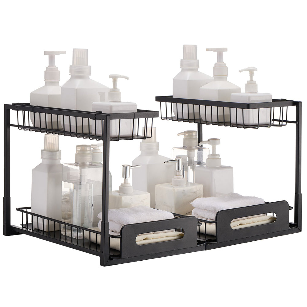 VEVOR 2 Tier Pull Out Cabinet Organizer(10.7"W x 14.2"D ), Under Sink Organizer and Storage, Slide Out Drawer Cabinet Organizer, Wire Basket Shelf, 25.5"Wx15.5"Dx13"H Install Size for Cabinet (2 Pack)