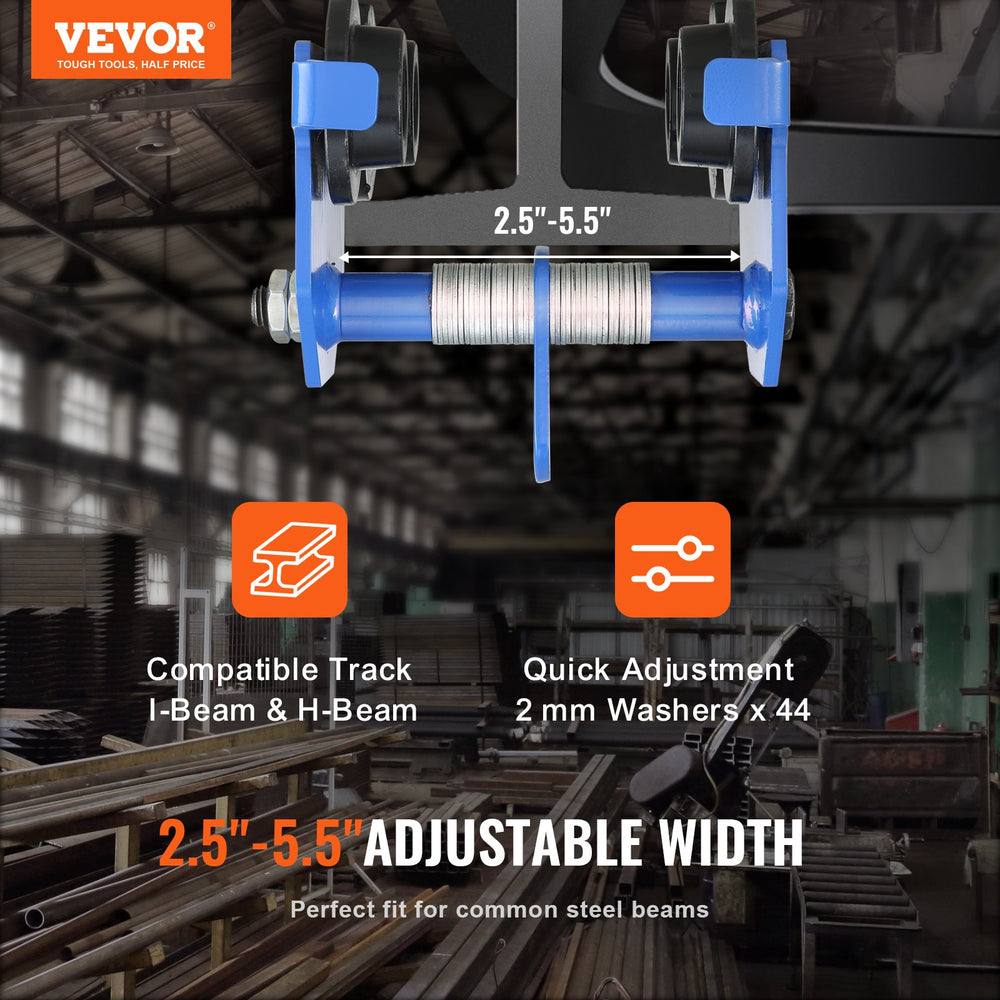 VEVOR Manual Trolley, 1100 lbs/0.5 Ton Load Capacity Push Beam Trolley with Dual Wheels, Adjustable for I-Beam Flange Width 63.5-139.7 mm, Heavy Duty Alloy Steel Garage Hoist for Straight Curved I Beam
