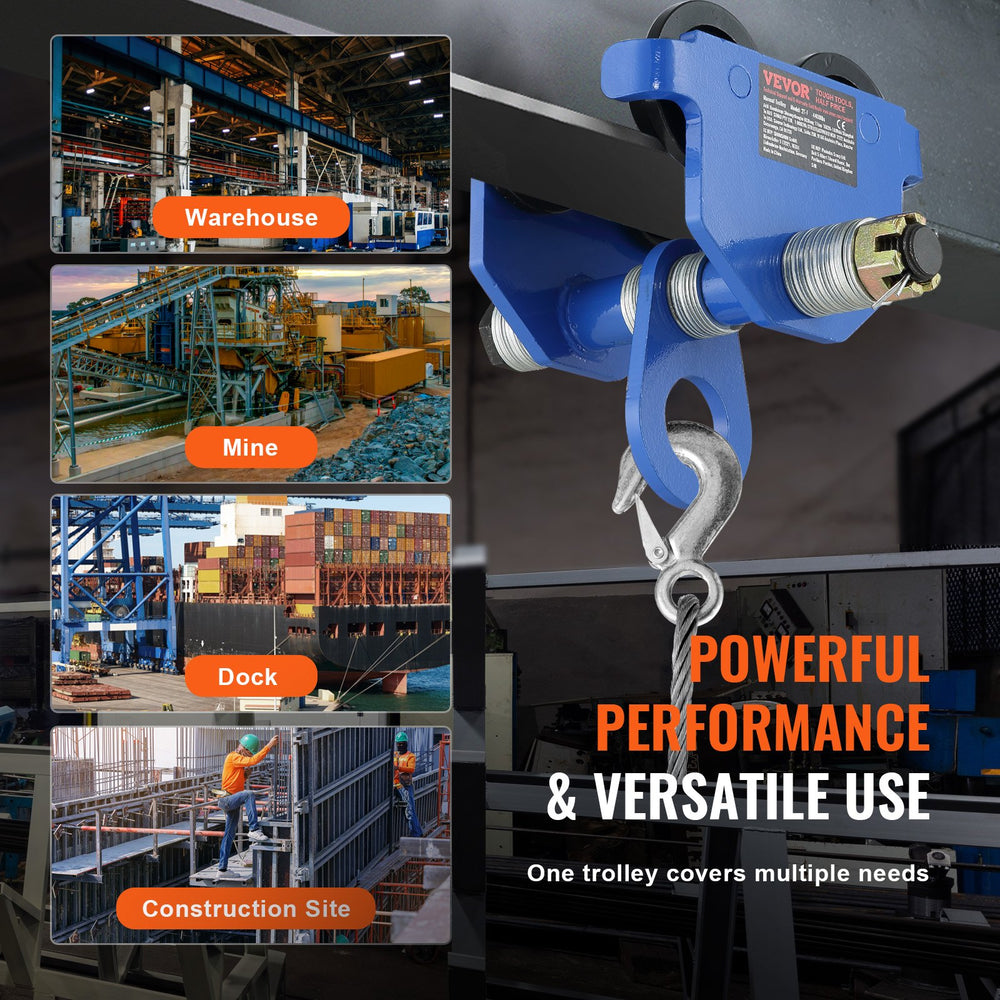 VEVOR Manual Trolley, 2200 lbs/1 Ton Load Capacity, Push Beam Trolley with Dual Wheels, Adjustable for I-Beam Flange Width 63.5-177.8 mm, Heavy Duty Alloy Steel Garage Hoist for Straight Curved I Beam