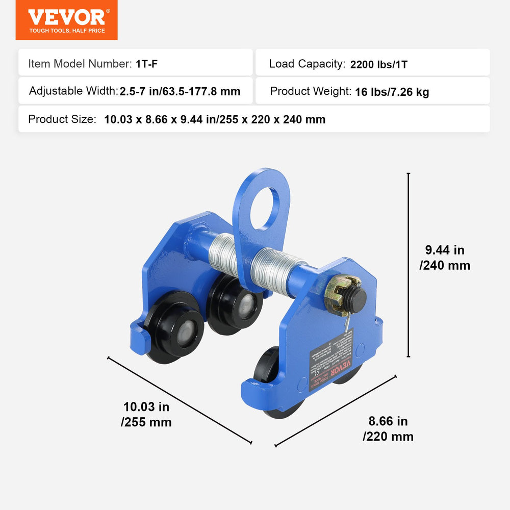 VEVOR Manual Trolley, 2200 lbs/1 Ton Load Capacity, Push Beam Trolley with Dual Wheels, Adjustable for I-Beam Flange Width 63.5-177.8 mm, Heavy Duty Alloy Steel Garage Hoist for Straight Curved I Beam