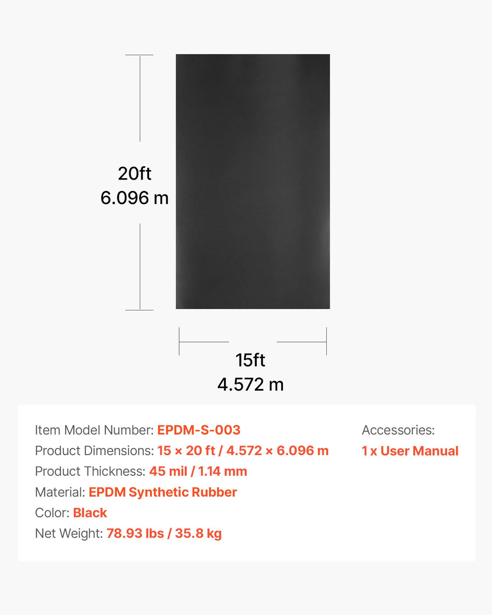 VEVOR Roll Roofing, 15 x 20 ft, 45 mil EPDM Rubber Roofing, Long Lifespan & Weather-resistant, Withstands Harsh Temperatures, Flexible & Easy Installation, Roof Underlayment for RVs, Roofs, Ponds