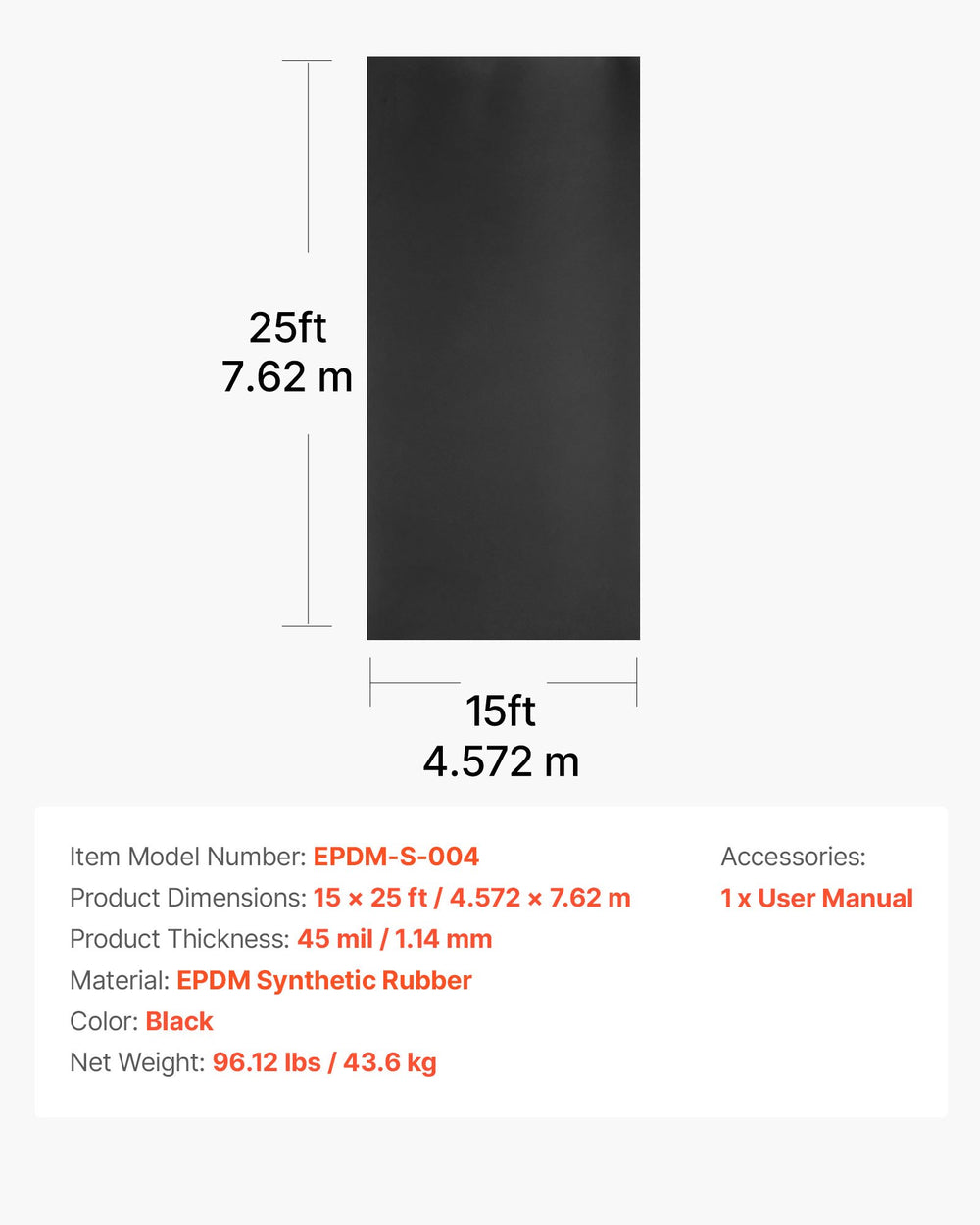VEVOR Roll Roofing, 15 x 25 ft, 45 mil EPDM Rubber Roofing, Long Lifespan & Weather-resistant, Withstands Harsh Temperatures, Flexible & Easy Installation, Roof Underlayment for RVs, Roofs, Ponds