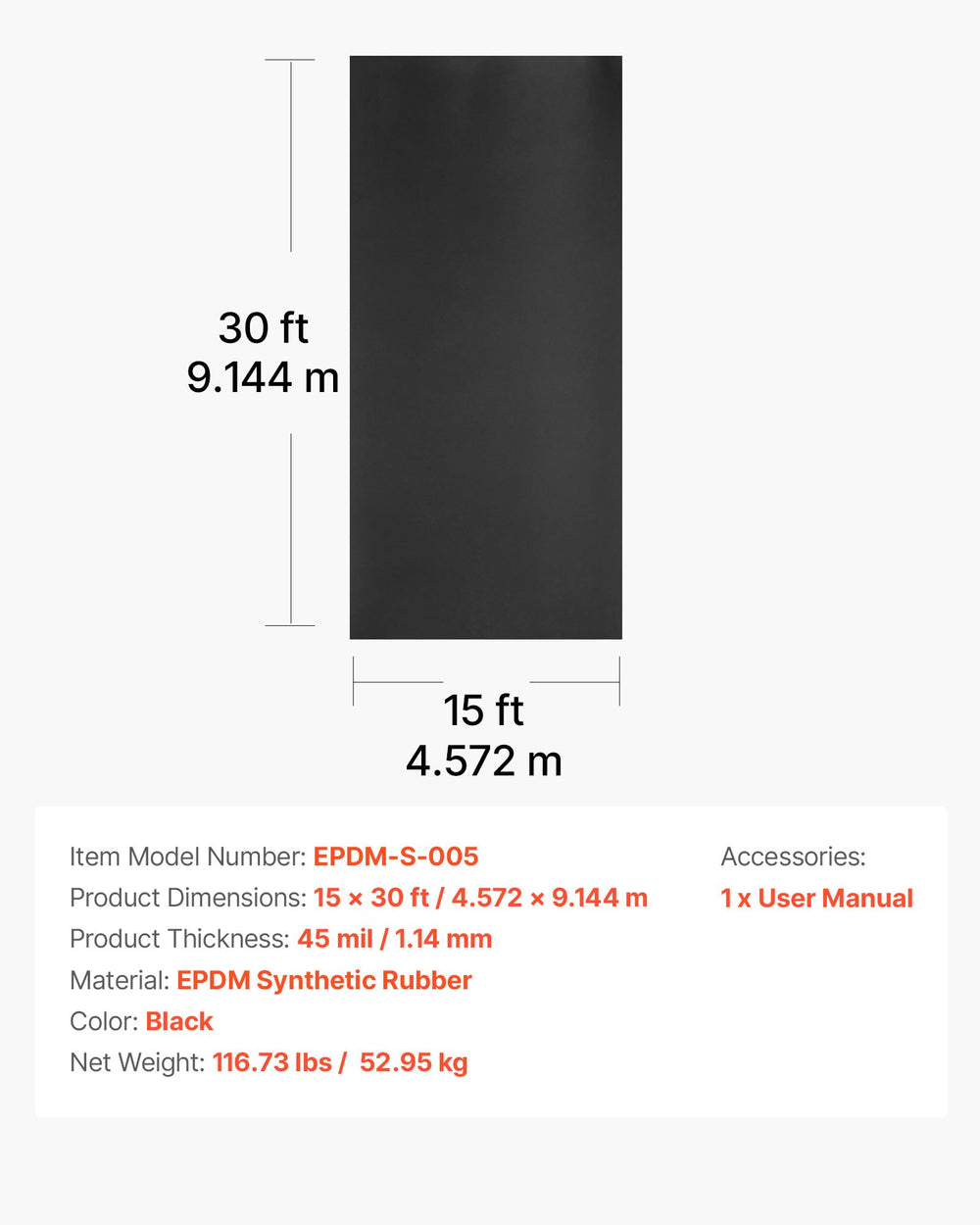 VEVOR Roll Roofing, 15 x 30 ft, 45 mil EPDM Rubber Roofing, Long Lifespan & Weather-resistant, Withstands Harsh Temperatures, Flexible & Easy Installation, Roof Underlayment for RVs, Roofs, Ponds
