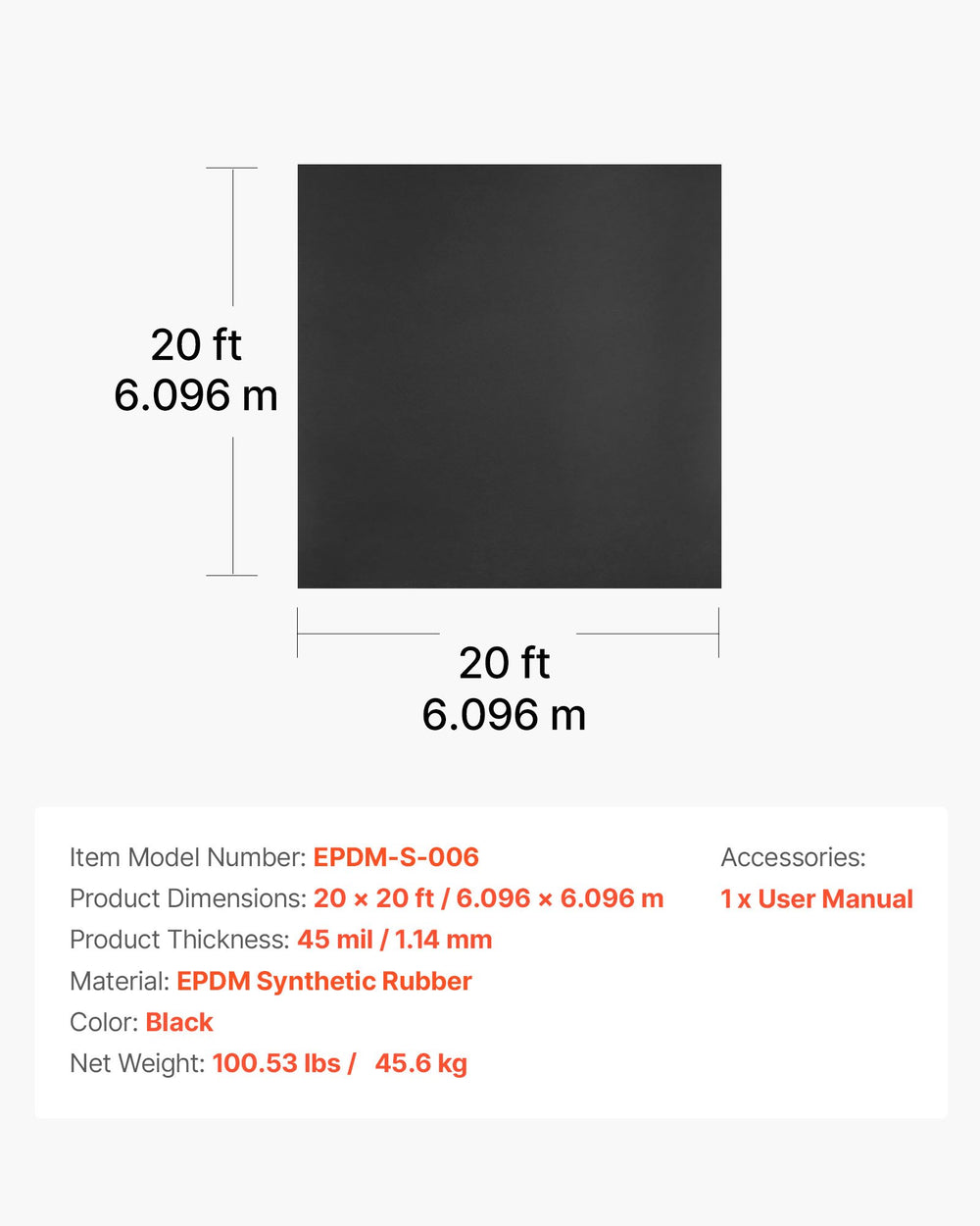 VEVOR Roll Roofing, 20 x 20 ft, 45 mil EPDM Rubber Roofing, Long Lifespan & Weather-resistant, Withstands Harsh Temperatures, Flexible & Easy Installation, Roof Underlayment for RVs, Roofs, Ponds