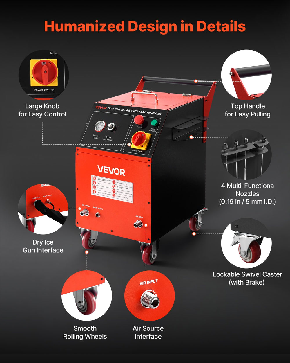 VEVOR Dry Ice Blasting Machine, 11LBS (5KG) Capacity Dry Ice Cleaning Machine with 4 Nozzles, Adjustable Pressure & Dry Ice Amount, Movable Blaster Cleaner for Automotive Ship Aviation Chemical