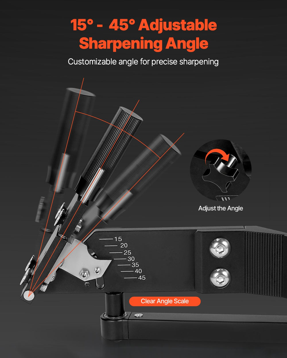 VEVOR Lawn Mower Blade Sharpener, 15° - 45° Adjustable Lawnmower Blade Sharpening Tool with 4 Adapter Pins, Ball Bearing Design & 25mm Enlarged Handle, Compatible with Most Angle Grinders