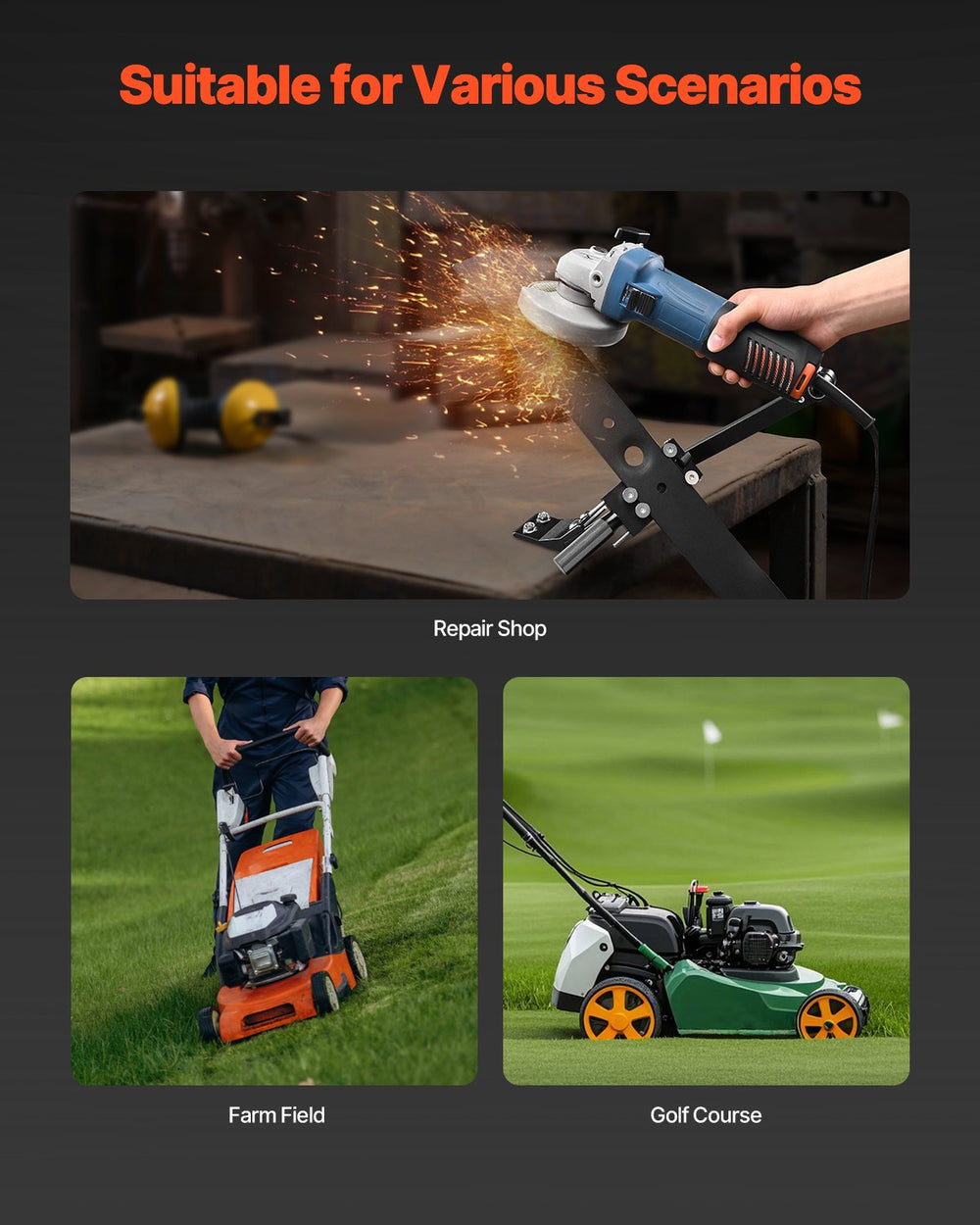 VEVOR Lawn Mower Blade Sharpener, 15° - 45° Adjustable Lawnmower Blade Sharpening Tool with 4 Adapter Pins, Ball Bearing Design & 25mm Enlarged Handle, Compatible with Most Angle Grinders