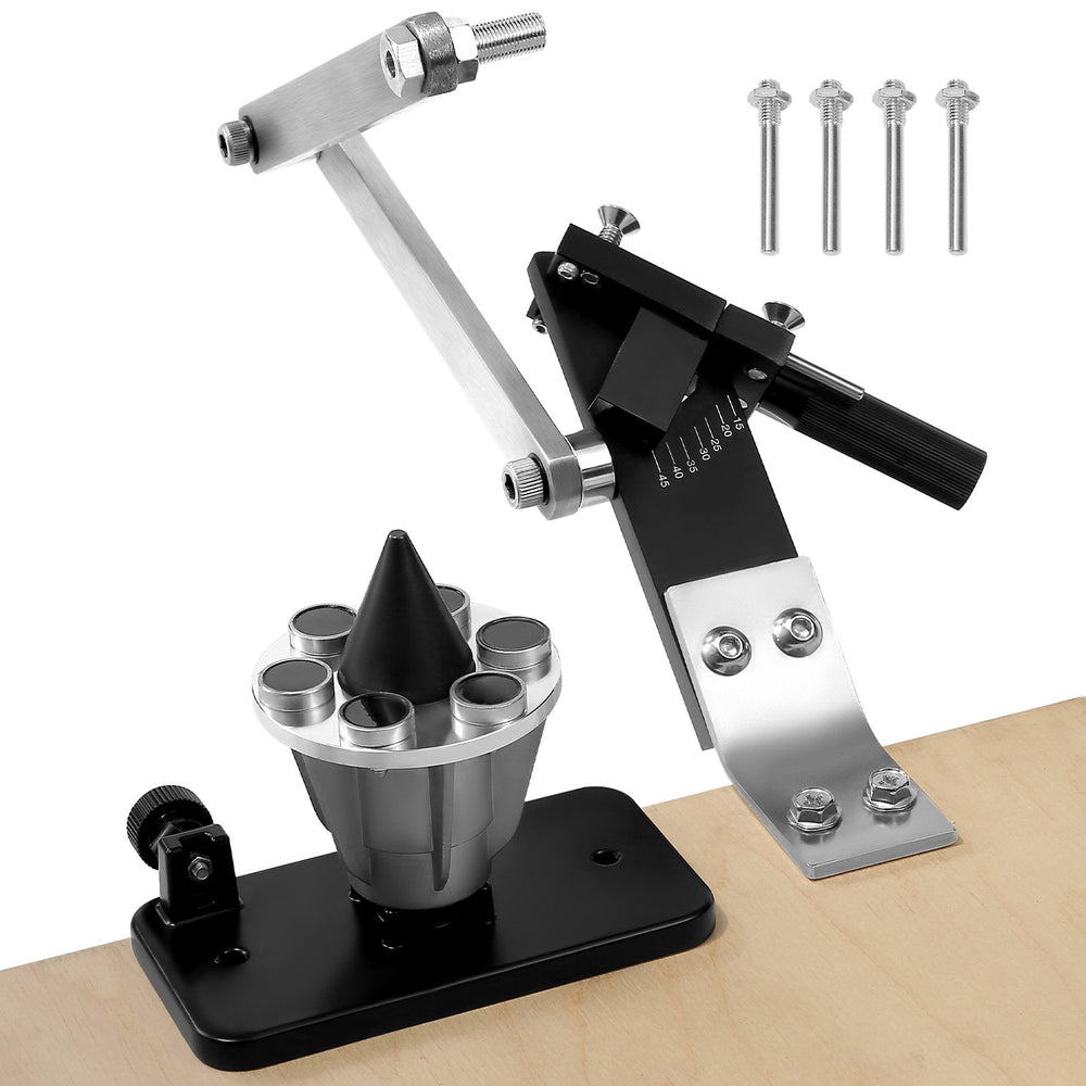 VEVOR Lawn Mower Blade Sharpener and Balancer, 15° - 45° Adjustable Lawnmower Blade Sharpening Tool with 4 Adapter Pins, Ball Bearings & 25mm Enlarged Handle, Compatible with Most Angle Grinders