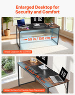 VEVOR Computer Desk, 160 cm Office Gaming Desk for Home Office, Writing Study Work Modern Simple Table with Metal Frame for Large Legroom, Rustic Brown and Black