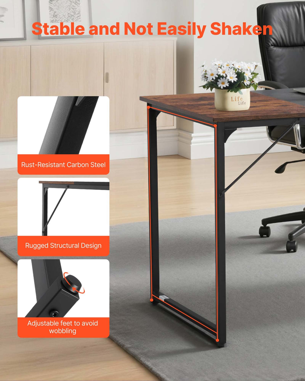 VEVOR Computer Desk, 160 cm Office Gaming Desk for Home Office, Writing Study Work Modern Simple Table with Metal Frame for Large Legroom, Rustic Brown and Black