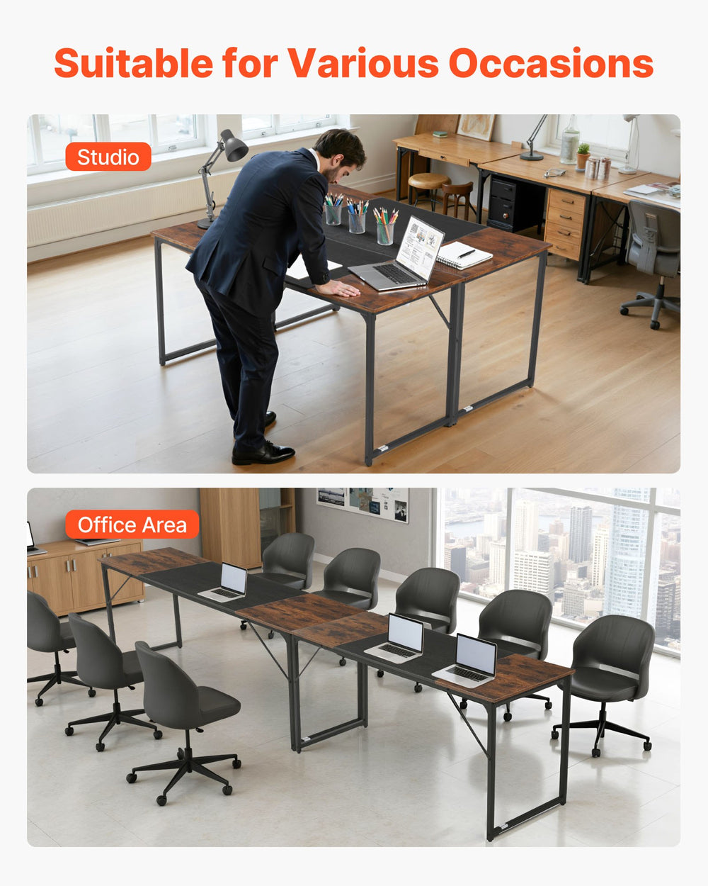 VEVOR Computer Desk, 160 cm Office Gaming Desk for Home Office, Writing Study Work Modern Simple Table with Metal Frame for Large Legroom, Rustic Brown and Black