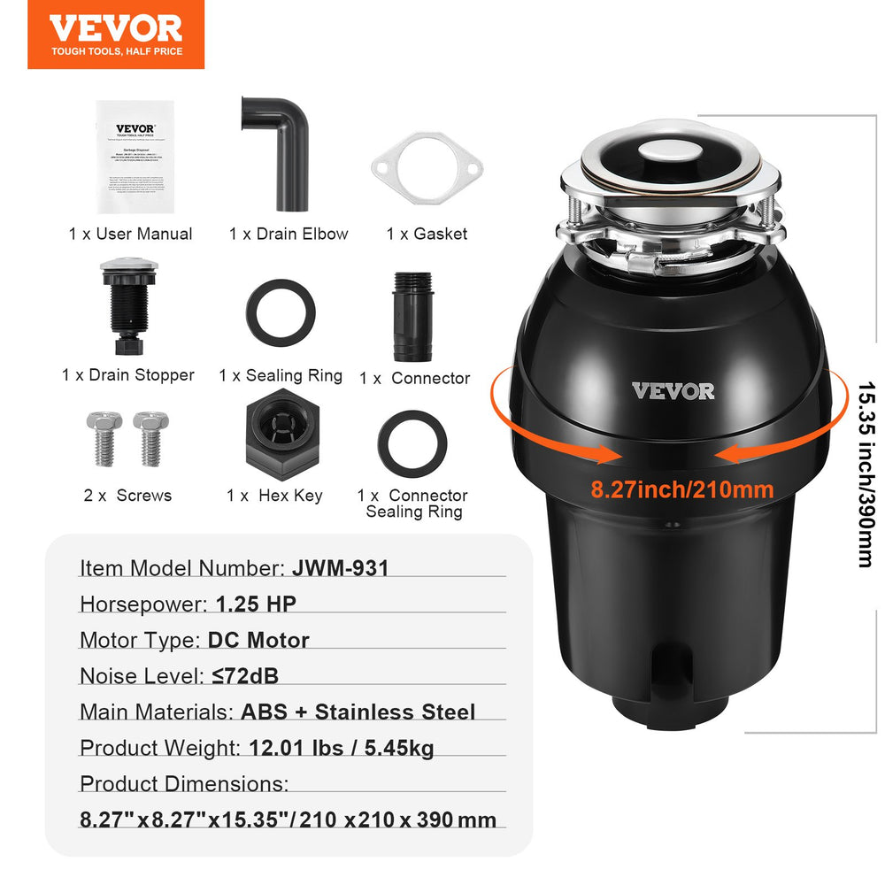 VEVOR Garbage Disposal 1.25 HP Continuous Food Waste Disposer 4060RPM EZ Connect