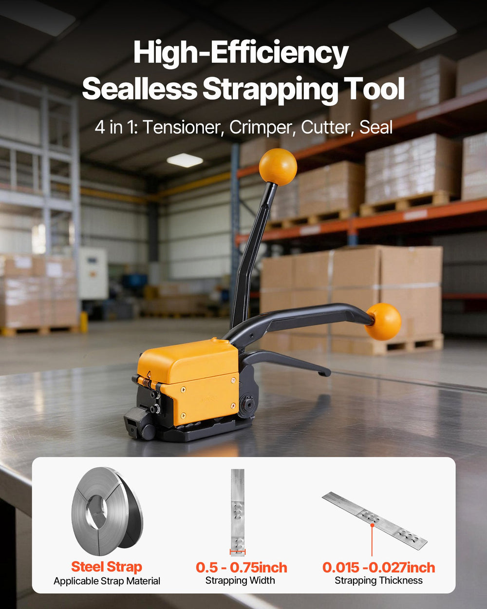 VEVOR Banding Strapping Kit, Heavy Duty A3 Steel Banding Sealer Tool with Adjustable Width, Manual Metal Pallet Packaging Strapping Kit for Warehouse, Transportation, Industrial Bundling, Home Use