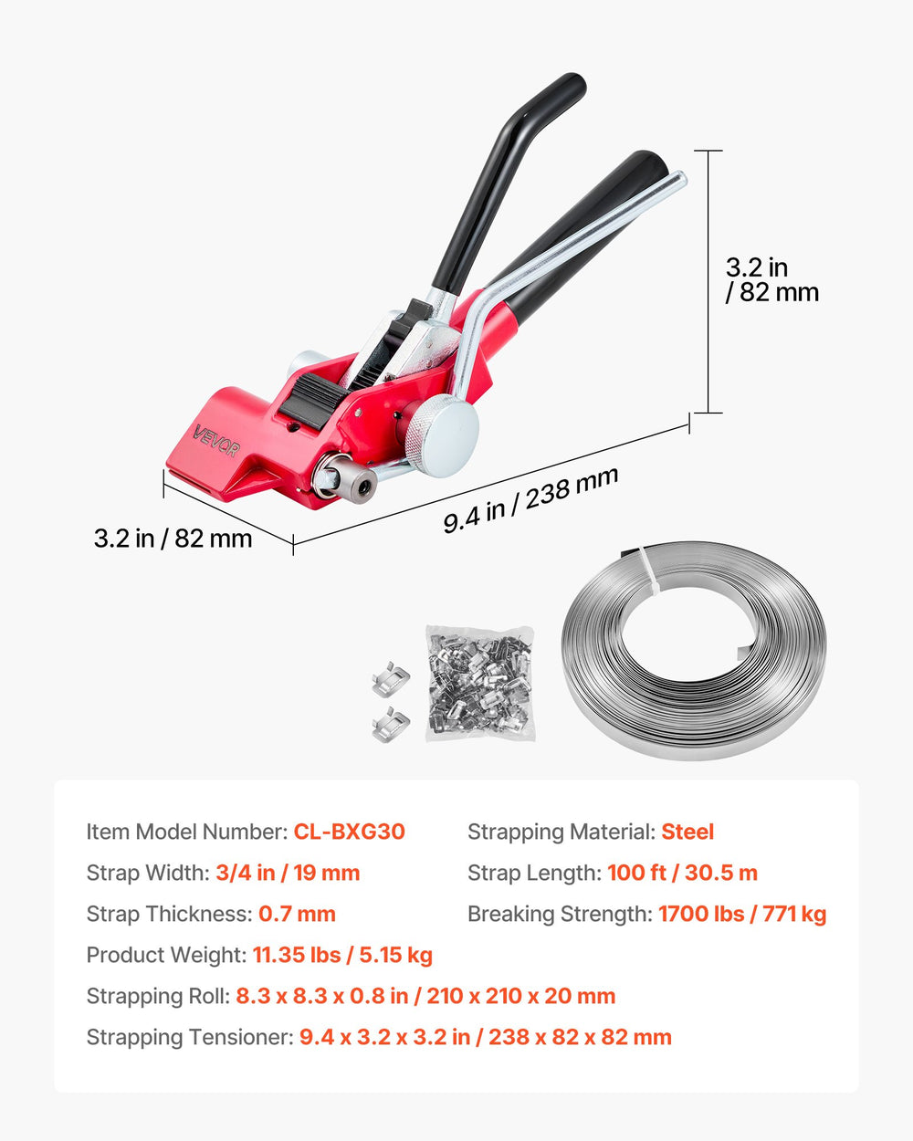 VEVOR Steel Banding Strapping Kit, Heavy Duty Banding Sealer Tool with 30.5 m Binding Straps, 100 Metal Clasps, Manual Pallet Packaging Strapping Kit for Warehouse, Transportation, Industrial Bundling
