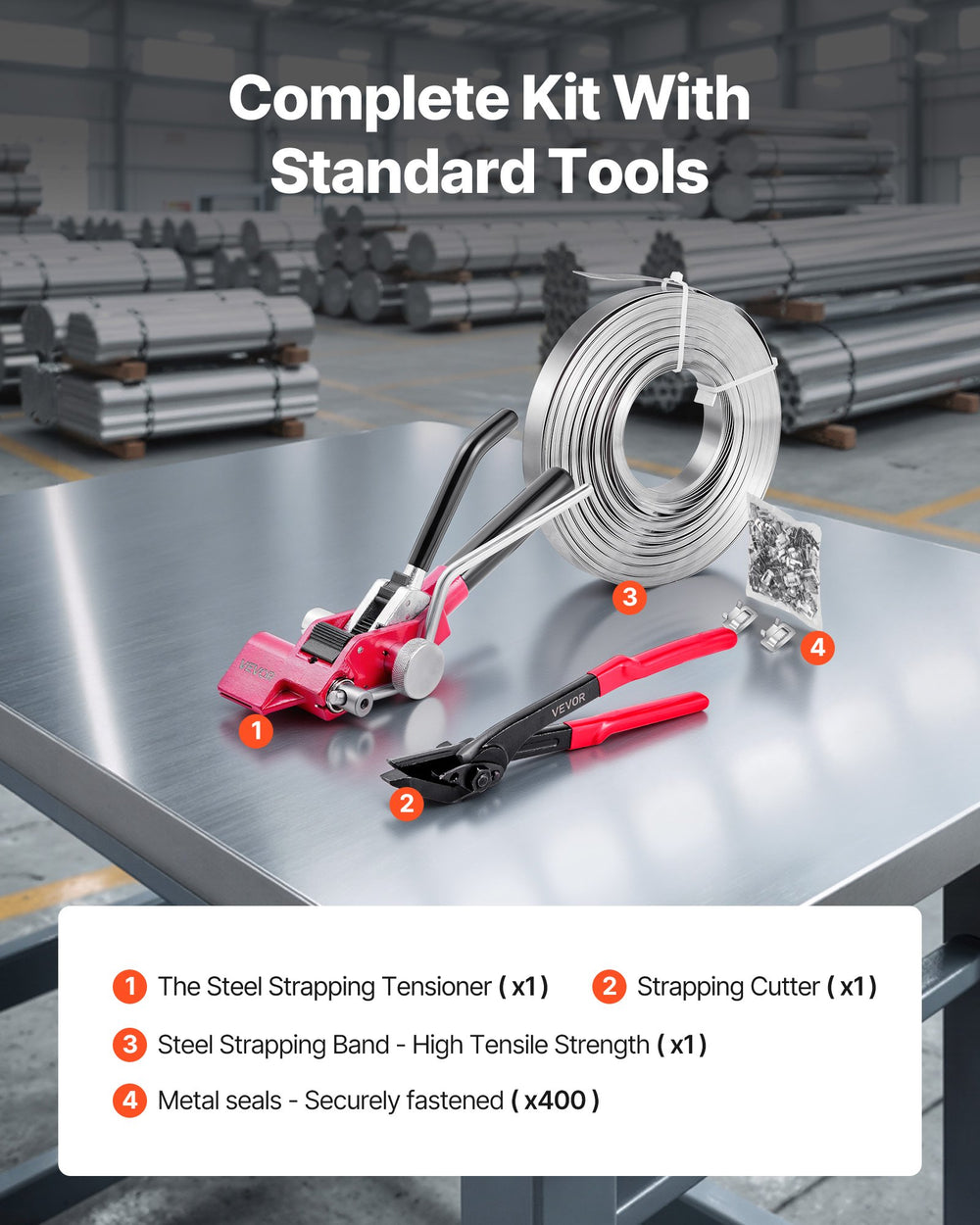 VEVOR Steel Banding Strapping Kit, Heavy Duty Banding Sealer Tool with 122 m Binding Straps, 400 Metal Clasps, Manual Pallet Packaging Strapping Kit for Warehouse, Transportation, Industrial Bundling