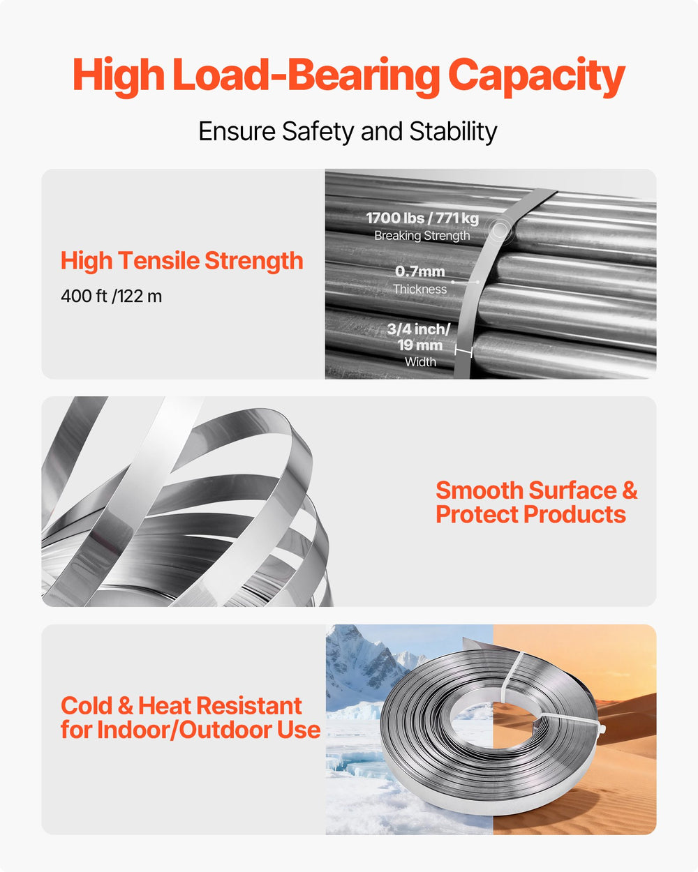 VEVOR Steel Banding Strapping Kit, Heavy Duty Banding Sealer Tool with 122 m Binding Straps, 400 Metal Clasps, Manual Pallet Packaging Strapping Kit for Warehouse, Transportation, Industrial Bundling