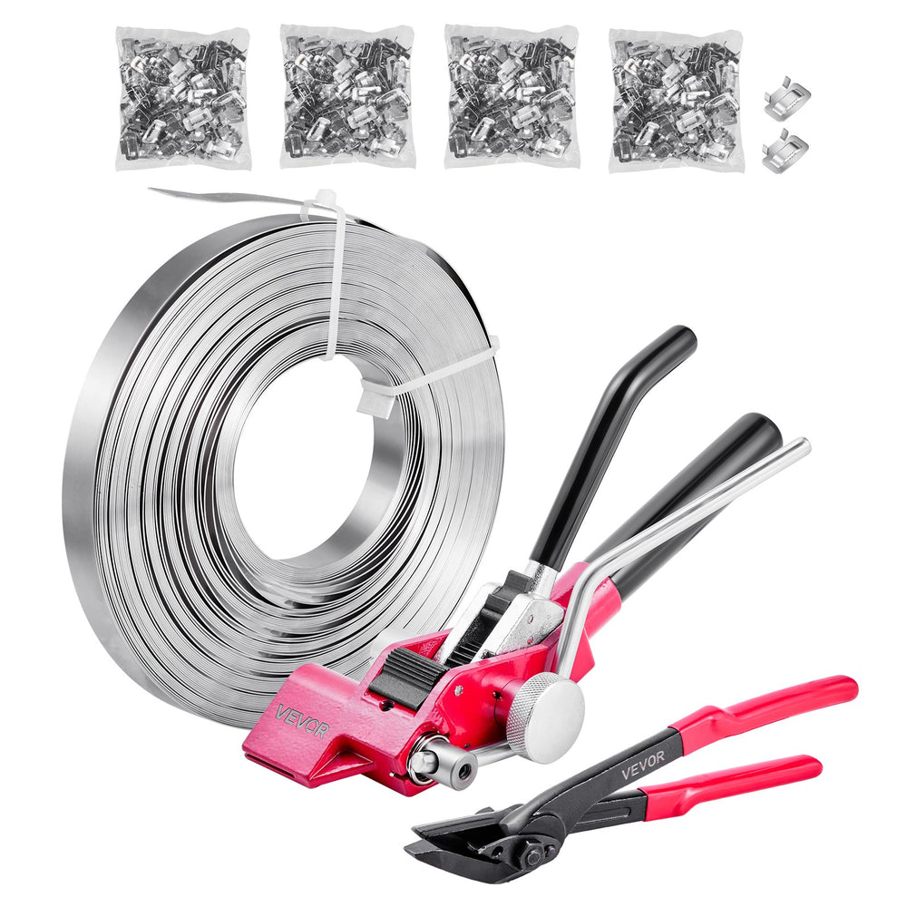 VEVOR Steel Banding Strapping Kit, Heavy Duty Banding Sealer Tool with 122 m Binding Straps, 400 Metal Clasps, Manual Pallet Packaging Strapping Kit for Warehouse, Transportation, Industrial Bundling