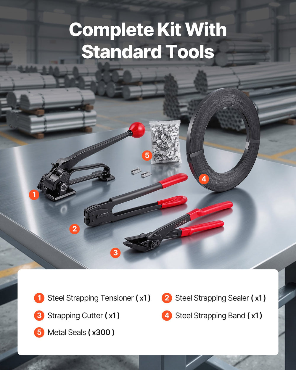 VEVOR Steel Banding Strapping Kit, Heavy Duty Banding Sealer Tool with 183 m Binding Straps, 300 Metal Seals, Manual Pallet Packaging Strapping Kit for Warehouse, Transportation, Industrial Bundling