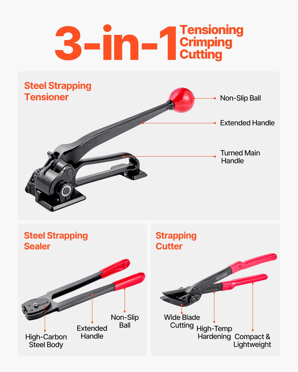 VEVOR Steel Banding Strapping Kit, Heavy Duty Banding Sealer Tool with 183 m Binding Straps, 300 Metal Seals, Manual Pallet Packaging Strapping Kit for Warehouse, Transportation, Industrial Bundling