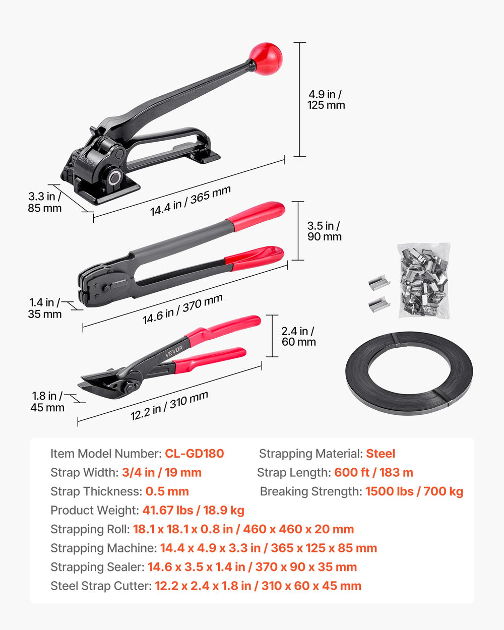 VEVOR Steel Banding Strapping Kit, Heavy Duty Banding Sealer Tool with 183 m Binding Straps, 300 Metal Seals, Manual Pallet Packaging Strapping Kit for Warehouse, Transportation, Industrial Bundling
