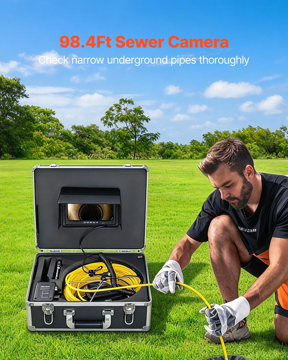 VEVOR Sewer Camera, Pipe Inspection Camera 30M, Sewer Inspection Video Camera 7” Monitor Pipeline Inspection Camera Drain Camera Industrial Endoscope HD DVR Recorder with 8GB Card