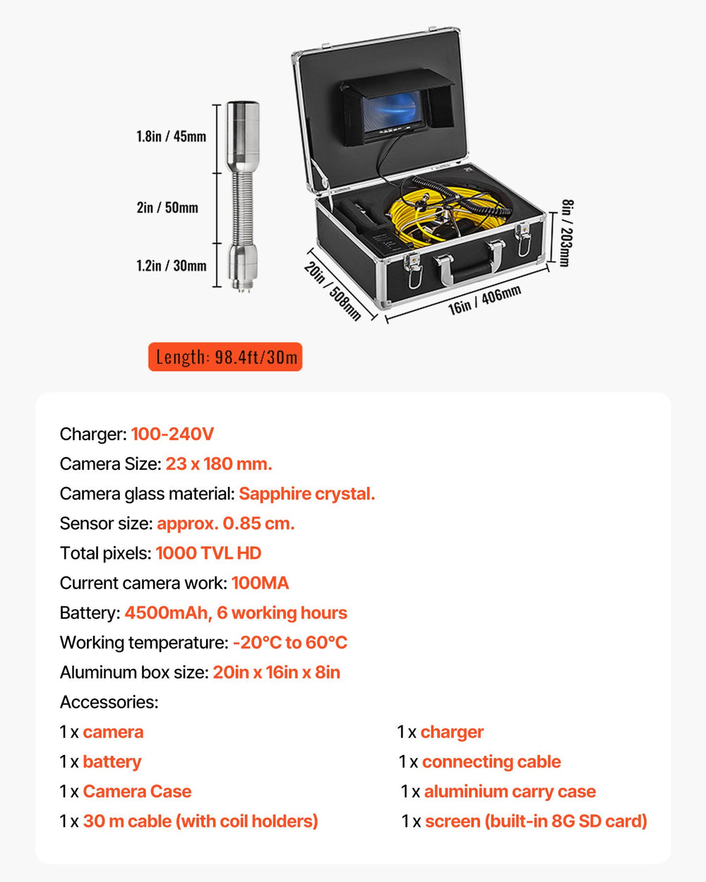 VEVOR Sewer Camera, Pipe Inspection Camera 30M, Sewer Inspection Video Camera 7” Monitor Pipeline Inspection Camera Drain Camera Industrial Endoscope HD DVR Recorder with 8GB Card