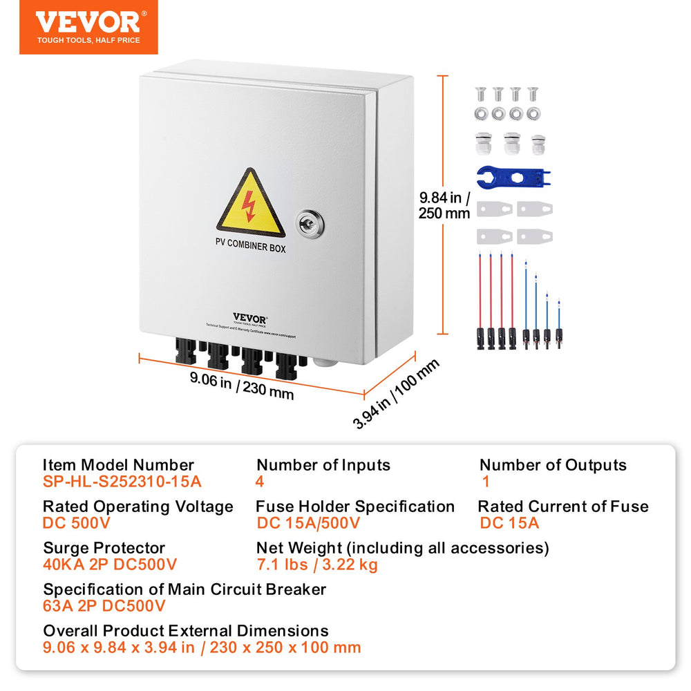 VEVOR PV Combiner Box, 4 String, Solar Combiner Box with 15A Rated Current Fuse 63A Circuit Breaker Lightning Arrester and Solar Connector, Steel Case for On / Off Grid Solar Panel System, IP65