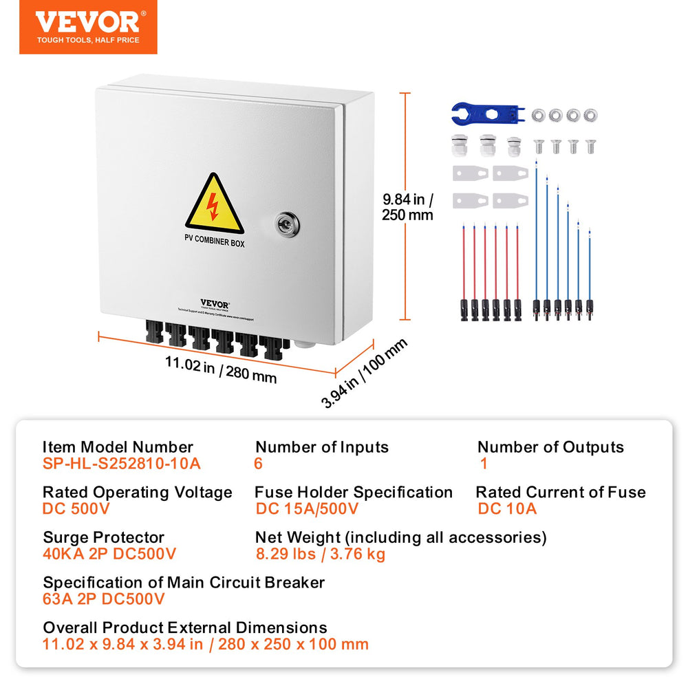 VEVOR PV Combiner Box, 6 String, Solar Combiner Box with 10A Rated Current Fuse 63A Circuit Breaker Lightning Arrester and Solar Connector, Steel Case for On / Off Grid Solar Panel System, IP65