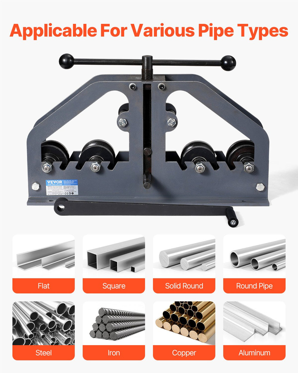 VEVOR Tube Roller Bender, Max 1-1/2" Manual Tube Pipe Roller Bender with 6 Dies, 360° Copper Aluminum Pipe Bending Tool for Square, Round Tube & Flat Bar, Ideal for HVAC Air Conditioning Auto Repair