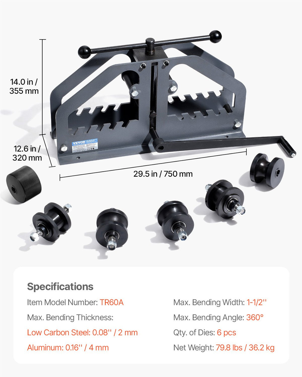 VEVOR Tube Roller Bender, Max 1-1/2" Manual Tube Pipe Roller Bender with 6 Dies, 360° Copper Aluminum Pipe Bending Tool for Square, Round Tube & Flat Bar, Ideal for HVAC Air Conditioning Auto Repair